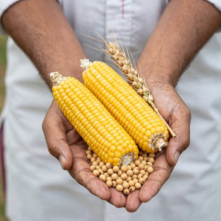 A close-up photo of fresh, healthy crop seeds ready for planting in a farmer's hand.