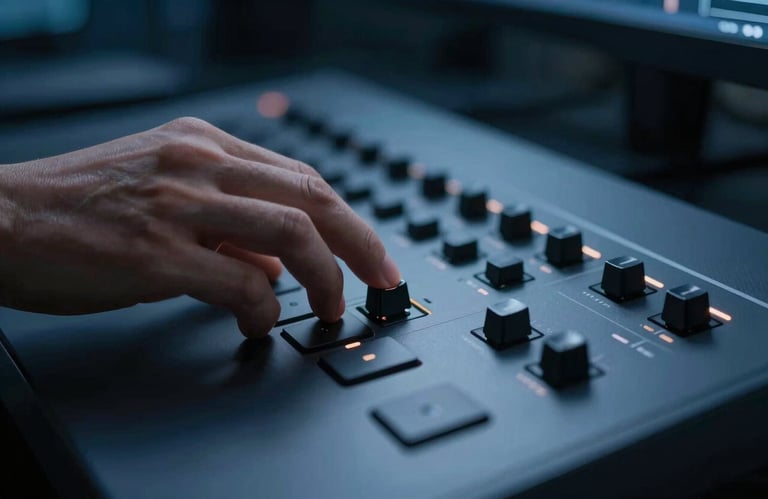 A close-up of a hand interacting with a high-end, minimalist control panel or keyboard in a dimly lit, professional tech environment. Deep navy blue lighting.