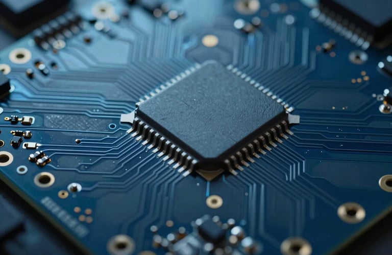 A macro photograph of a high-tech circuit board with minimalist design, featuring cool lighting in soft blue and deep navy blue tones. Focus on technical precision.