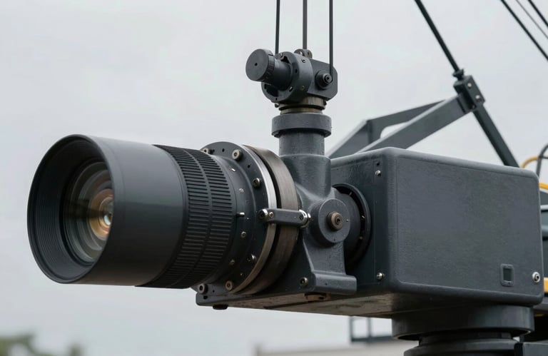 A detailed professional photograph focusing on a mechanical crane component being inspected, showing fine textures and metal surfaces in dark slate grey and soft light grey.