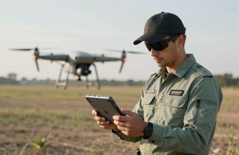 A professional UAV operator in a field in North American / US, holding a high-tech tablet controller, wearing professional soft sage green attire.