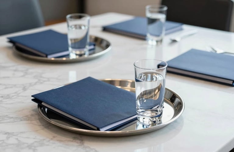A high-end photograph of a professional meeting room in North American / US. A silver tray holds crystal glasses of water, with navy blue folders neatly arranged on a white marble table. The style is modern, intelligent, and focused.