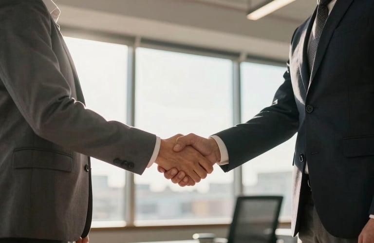 A photograph showing two professional individuals in business attire shaking hands in a bright, modern Charlotte office suite. Soft gold light enters through large windows, creating an atmosphere of trust and premium partnership.