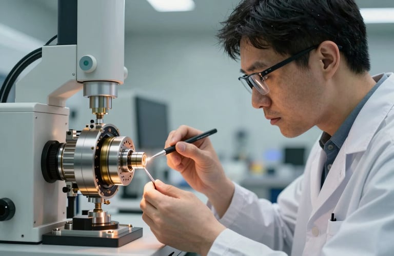 A professional technician in a cleanroom setting inspecting a precision-engineered medical component, soft lighting, modern clinical aesthetic, Global / International.
