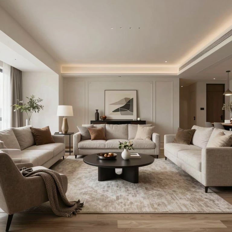 Cozy living room with elegant furniture and warm lighting.