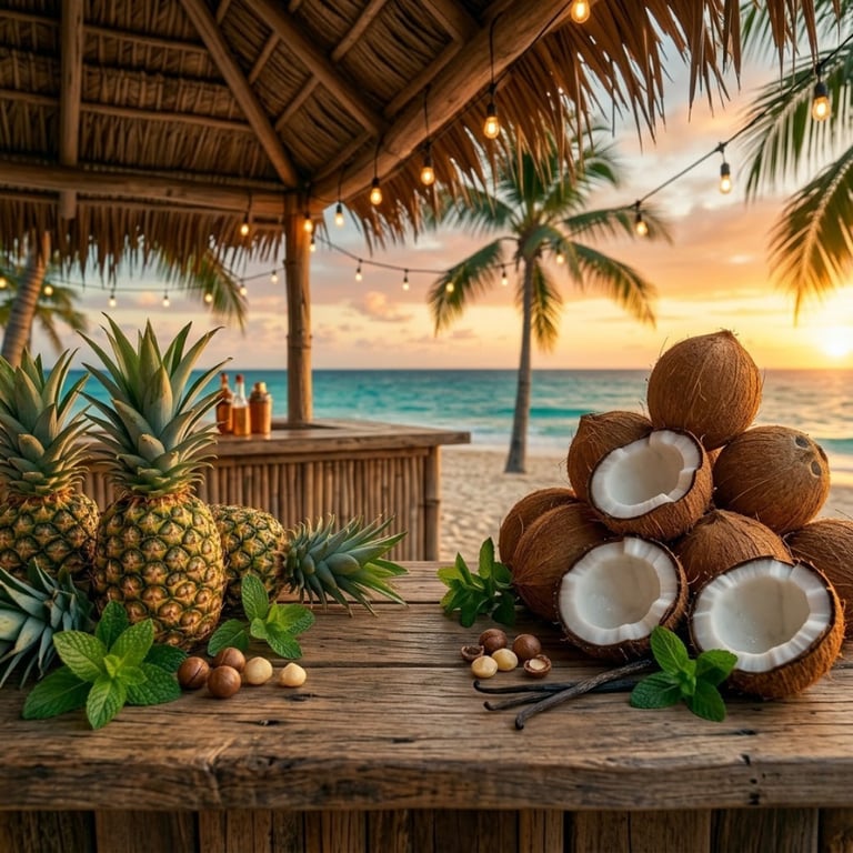 Whole and halved coconuts on a wooden tiki bar at sunset, surrounded by pineapples, vanilla beans, and fresh mint leaves.