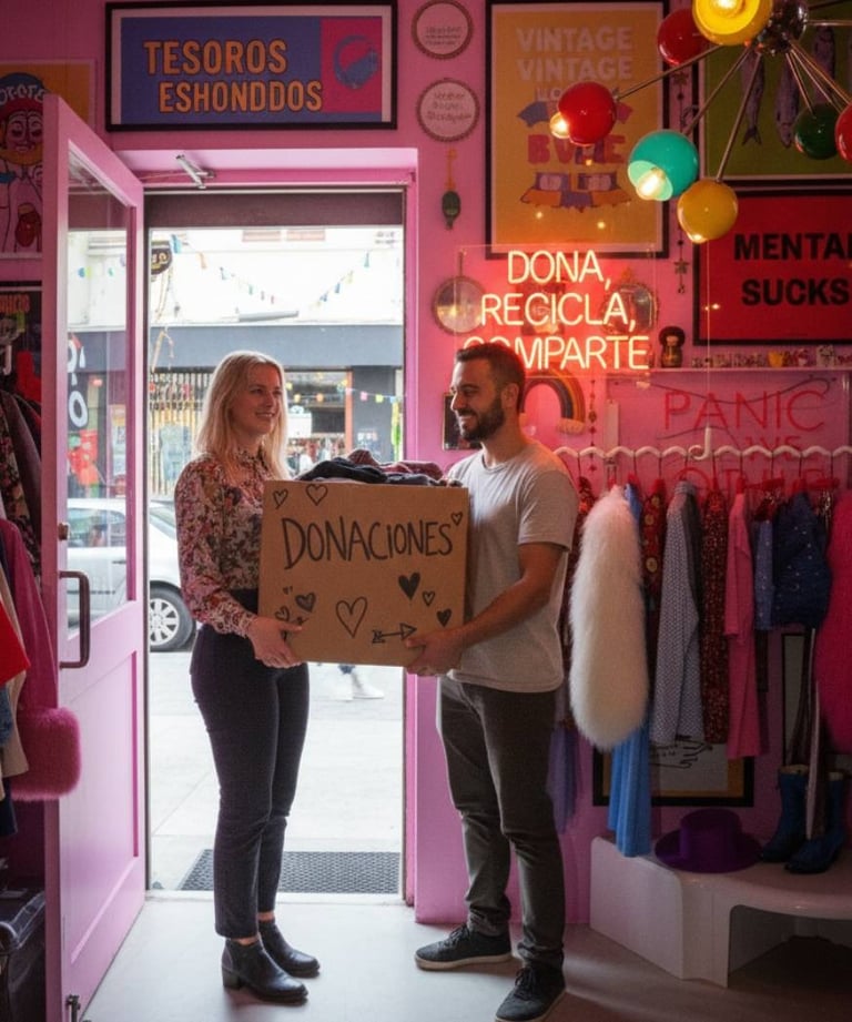 Una mujer donando ropa a una tienda de segunda mano.