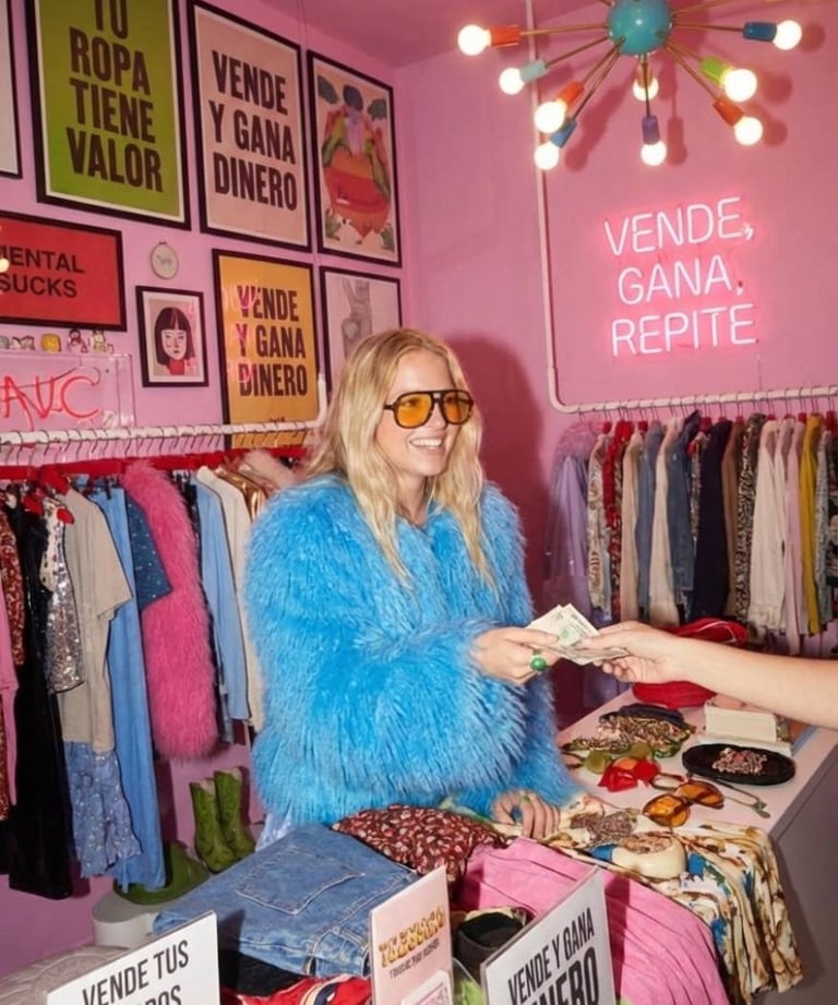 Mujer recibiendo dinero por venta de su ropa en una tienda de segunda mano.