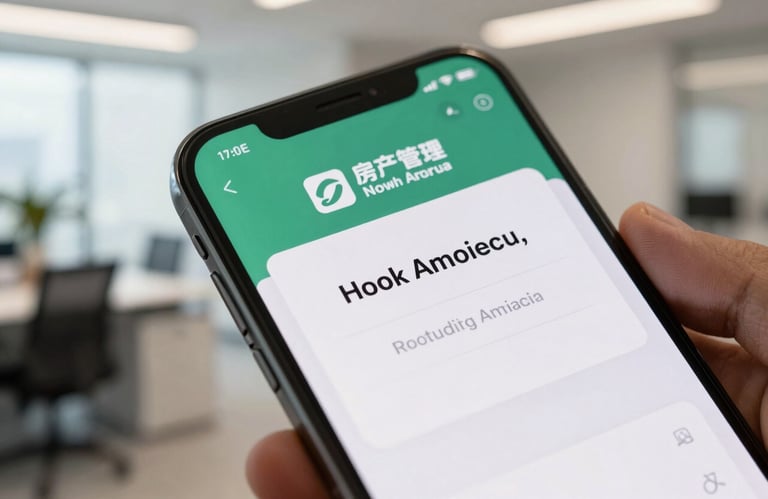 A close-up of a modern smartphone showing a service confirmation notification from a property management company, bright professional office background in North America.