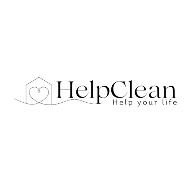HelpClean residential cleaning service logo featuring a heart inside a house outline on a black background.