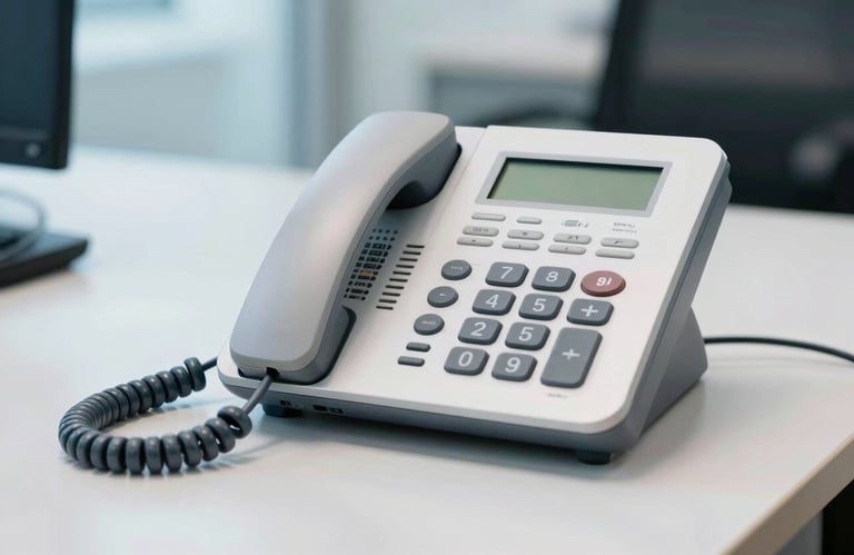 A close-up shot of a modern telephone system on a clean office desk, emphasizing professional technology and readiness. The scene is set in a South American corporate office with bright, even lighting and a color palette of white and light blue.