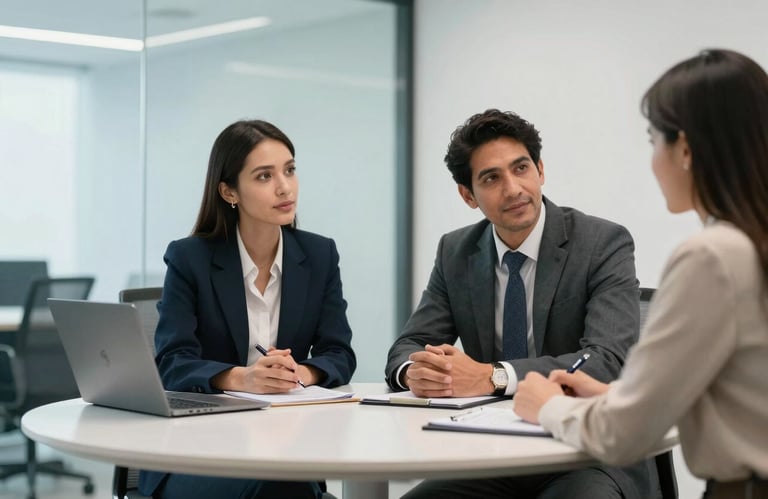A photo of two business professionals in South America having a collaborative meeting at a round table, representing teamwork and efficiency. The environment is a bright, modern office with light blue and white colors.
