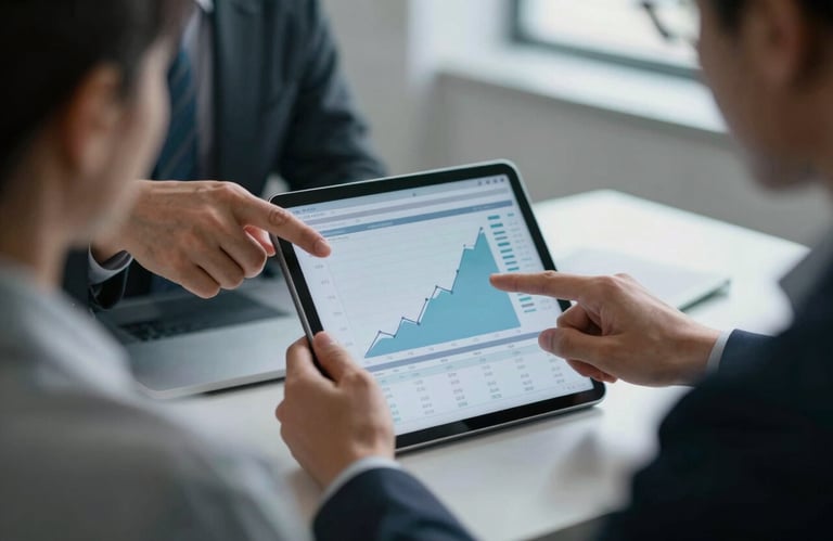 A close-up of two business professionals pointing at a tablet showing data trends, illuminated by cool white office lighting.