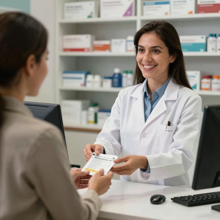 A friendly pharmacist in Cali, Colombia, handing a prescription bag to a customer with a warm smile. Professional lighting, clean pharmacy counter setting.