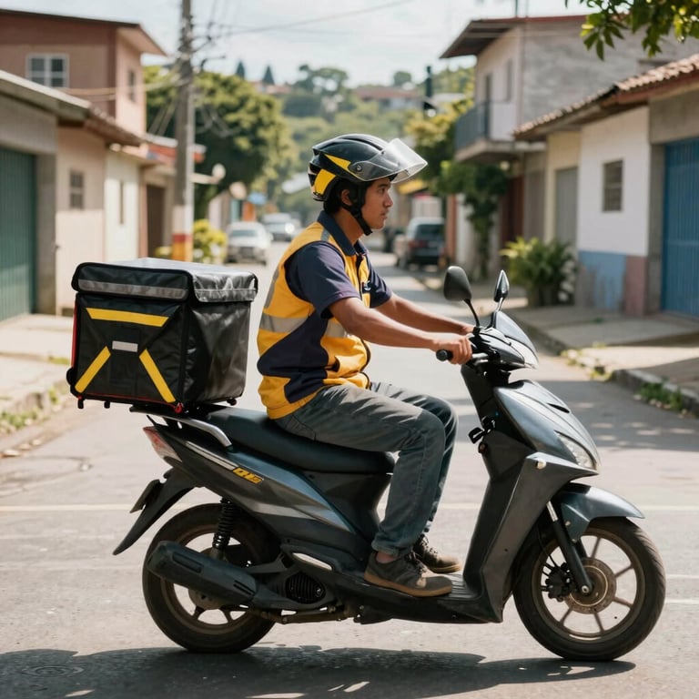 A professional delivery person on a motorbike with a thermal delivery box, riding through a residential South American street. Sunny day, active neighborhood scene.