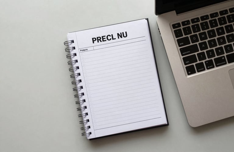 A clean, top-down view of a notepad and a high-tech laptop on a light mist surface in a North American / US workspace, symbolizing organized project planning.