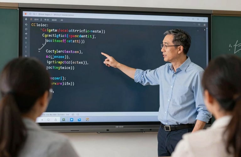 A mentor pointing at a screen with lines of C code, explaining a logic concept to a student in a North American / US classroom setting.