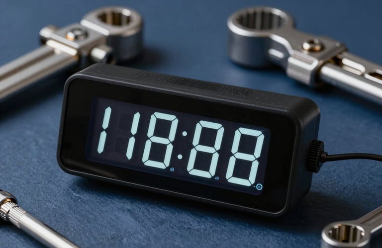 A close-up of a digital clock showing midnight with professional plumbing tools in the background, slate blue and navy lighting.