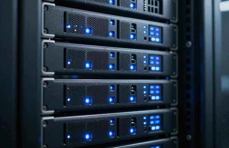 A close-up of a high-tech data server with blue status lights in a professional North American data center.