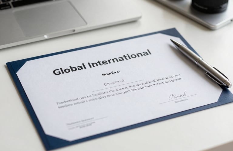 A close-up of a high-quality professional certificate resting on a sleek white desk with a silver pen, clean and motivational, Global / International.