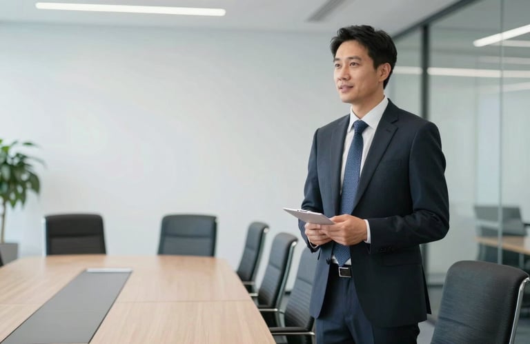 A professional mentor giving a confident presentation in a bright, modern corporate boardroom with sleek furniture, Global / International.