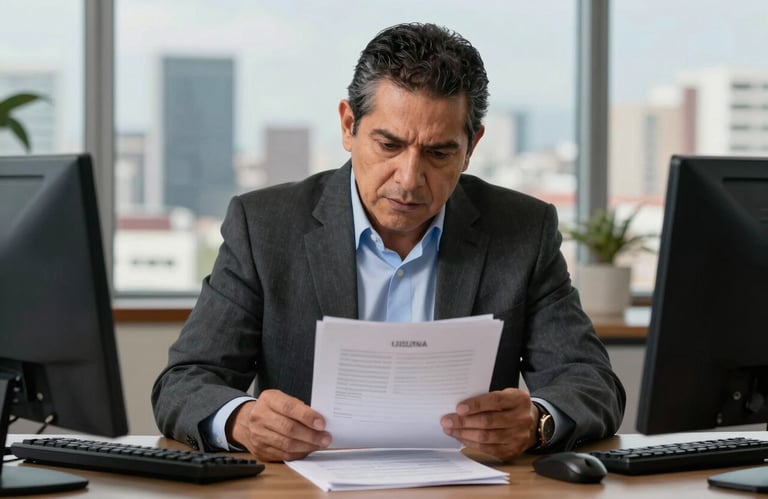 Middle-aged Mexican professional, Latin American, reviewing documents in a corporate office with a view of the city, professional and focused.