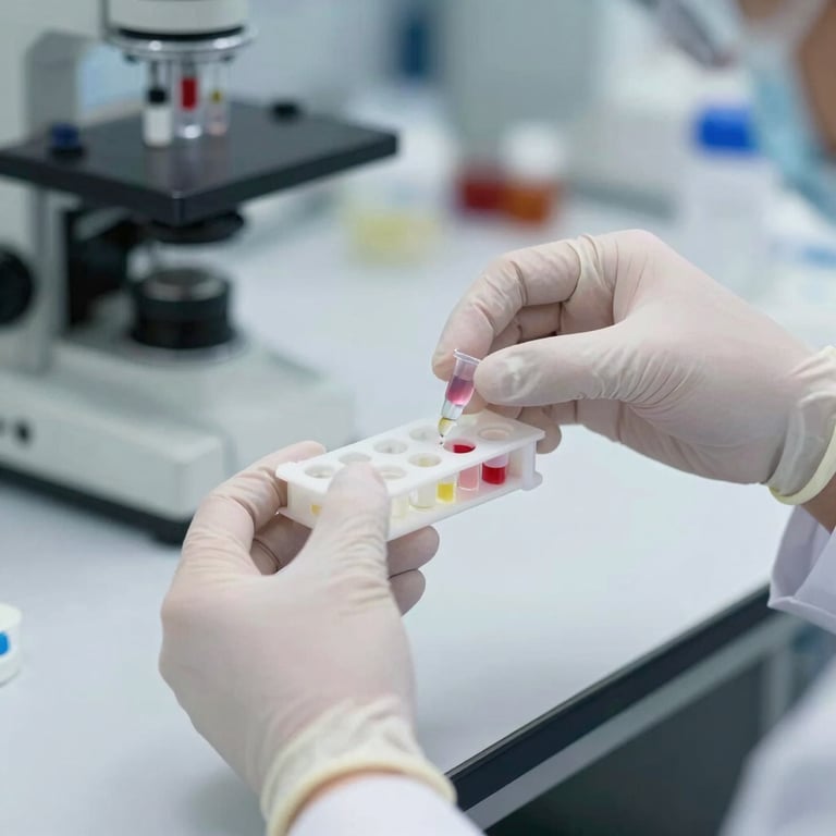 A close-up of a scientist's hands in surgical gloves handling a biomedical sample tray in a North American research center, focused lighting.