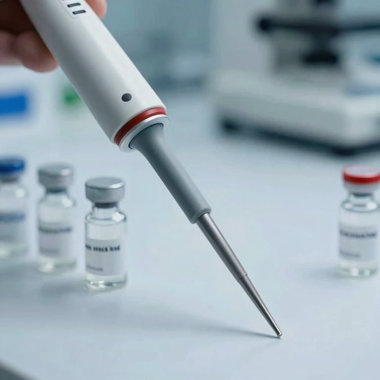 A close-up of a precision pipette and sterile glass vials organized on a white laboratory bench in a North American facility, light blue color theme.