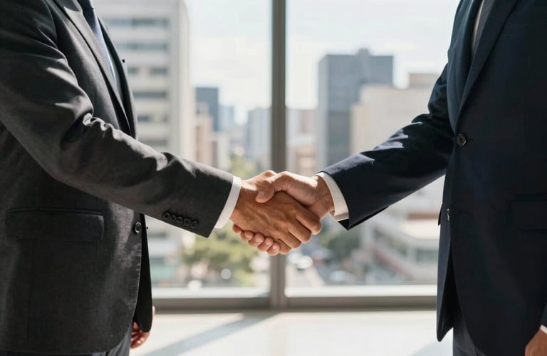 A professional handshake between two people in business attire in a South American / Brazilian urban office, sunlight through large windows.