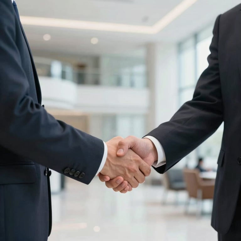 A professional in business attire shaking hands in a bright, modern corporate lobby in the US, focusing on the handshake, clean lighting.