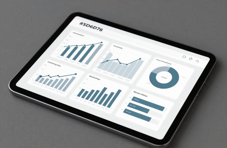 A clean, overhead shot of a digital tablet showing architectural planning and financial growth charts, sleek and professional, featuring #5D6D7E.