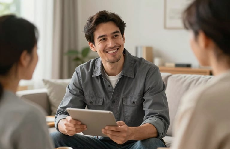 A friendly plumbing professional consulting with a client in a bright North American living room, conveying approachability and trust.