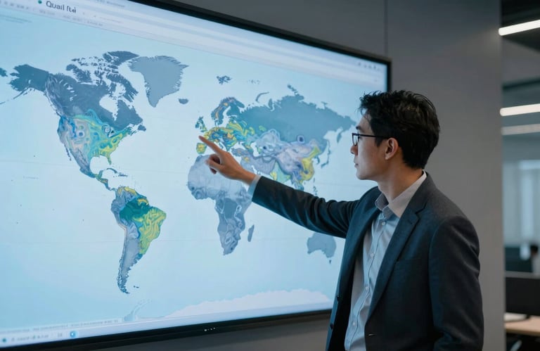 A professional in a modern International / Global tech hub pointing at a large wall-mounted screen displaying global heat maps. Palette colors: sky blue and muted steel blue. Professional lighting.