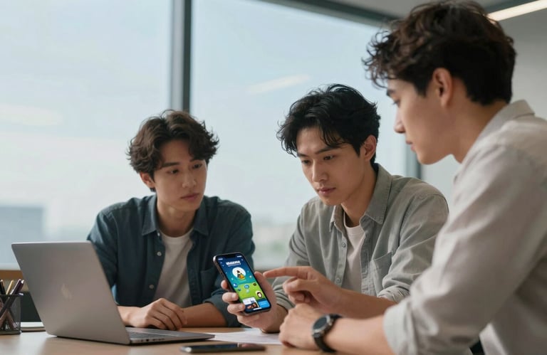 Two tech-savvy professionals in a International / Global co-working space discussing a mobile game prototype on a smartphone. Sky blue and pale mist lighting.