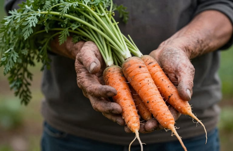 A close-up, high-detail shot of weathered, experienced hands holding a bundle of freshly harvested organic carrots with green tops. Earthy tones and natural lighting, emphasizing the 'roots' concept. Subtle #2D543B highlights.