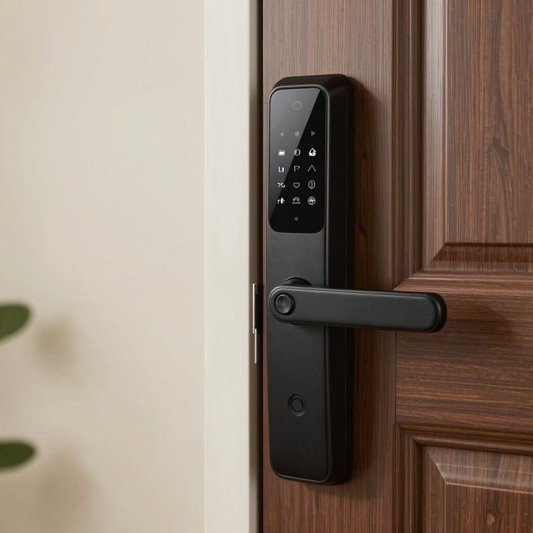 A close-up of a modern smart lock on a front door of a North American / US house, representing security and high-tech management.