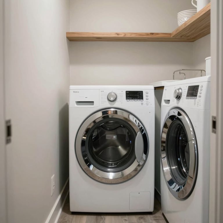A clean, modern North American / US laundry room within a co-living house, emphasizing the convenience and cleanliness of our facilities.