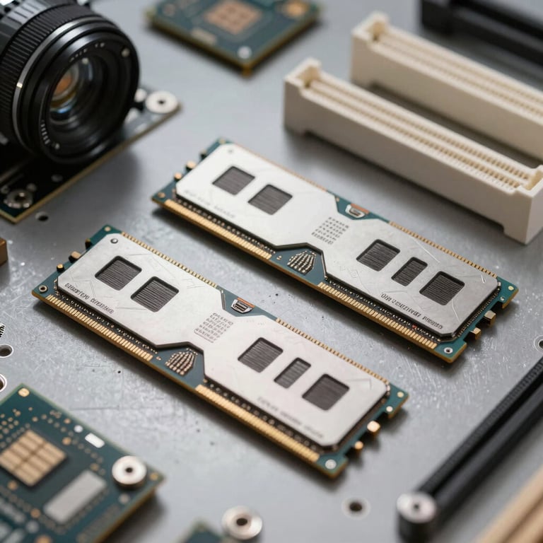 A close-up photograph of high-performance RAM modules and a CPU on a clean technical workbench, steel gray and off-white color palette, European / Portuguese workshop.