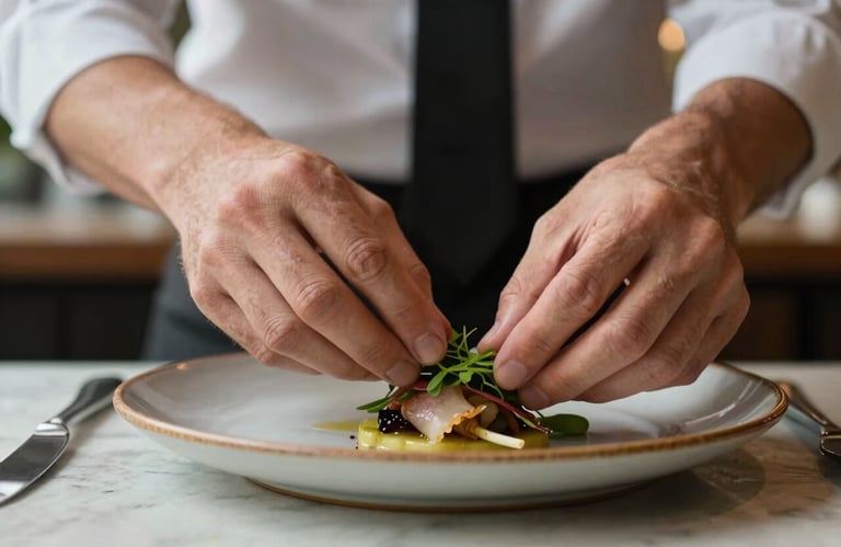 Close-up photography of a professional photographer's hands adjusting a garnish on a rustic plate in a North American restaurant. Soft natural light, sophisticated artisanal charm.