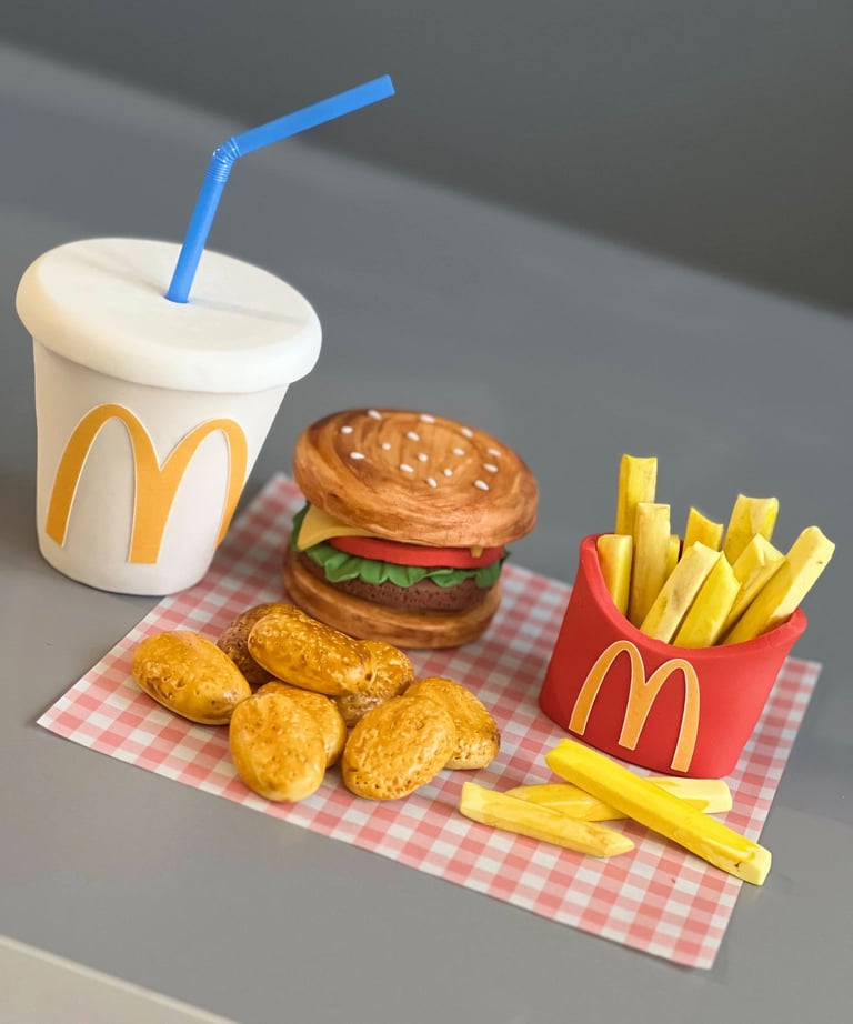 Fondant topper showing burger, nuggets, fries and drink
