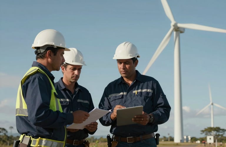 South American / Colombian engineers inspecting a clean energy wind turbine in the Atlántico department. Bright daylight, professional style, Deep Navy and Pale Mist colors.