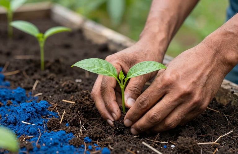 Close-up of South American / Colombian hands planting a seedling in fertile soil. Natural daylight, vibrant greens, and Dusty Blue earth tones.