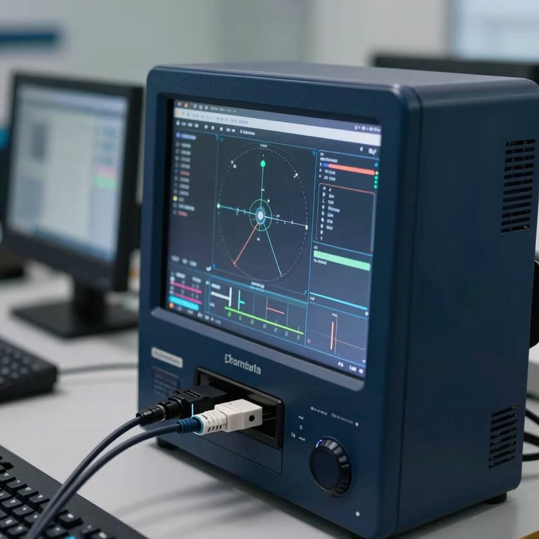 A close-up of a professional workstation featuring digital diagnostic screens and data cables, with soft lighting and a modern navy blue theme.