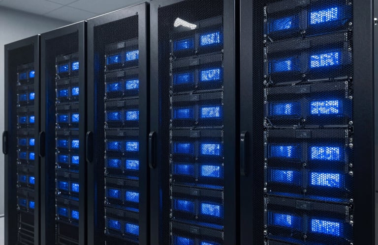 A sharp, detailed photograph of a cluster of high-end server towers in a modern data center, glowing with soft blue lights, representing technical precision.