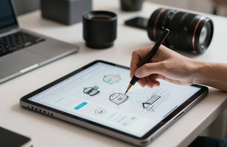 A focused close-up of a designer sketching UI layouts on a tablet in a bright studio, surrounded by sleek tech equipment in a professional US setting.