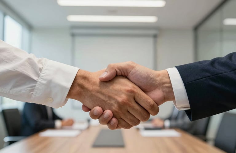 Close-up of a firm, professional handshake between two businesspeople in a bright, modern Brazilian boardroom. Symbols of agreement and trust.