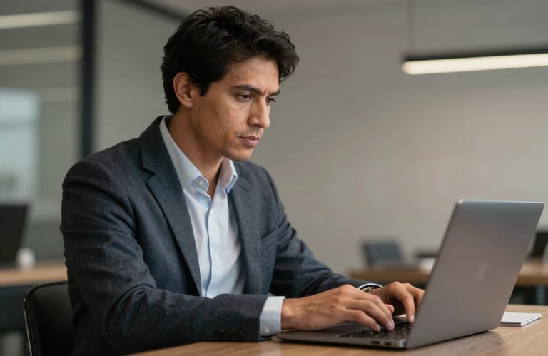 A South American male professional in a smart-casual office, focused and typing on a laptop, representing dedication and modern work ethics.
