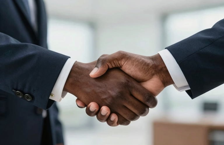 A professional close-up of a handshake between two Southern African individuals in business attire, symbolizing trust and membership agreement, soft focus background.