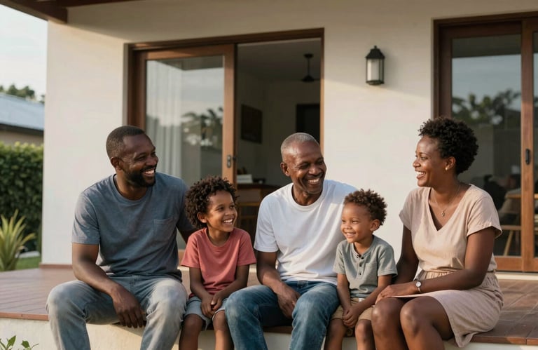 A Southern African family sitting together on a veranda of a modern home, laughing and looking relaxed, symbolizing financial security and peace of mind.