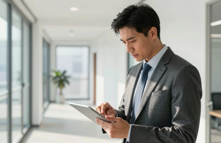 A professional in a business suit reviewing financial data on a digital tablet in a bright, sunlit North American office corridor.